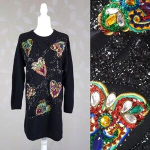 Vintage Carducci Angora Knit Sparkly Jewel Sequin Sweater Tunic Dress Sm Black